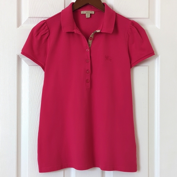 Burberry Brit Preppy Pique Short Puff Sleeve Henley Polo Shirt Hot Pink Medium - Picture 1 of 10